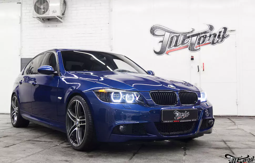 BMW 3. Окрас масок фар в черный глянец и изготовление ангельских глазок.