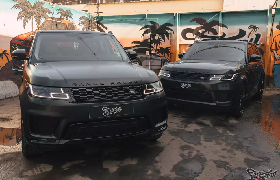Новый образ Range Rover Sport: оклейка в матовый полиуретан, шумоизоляция дверей, выдвижные пороги. Сравним матовый и глянцевый автомобили!